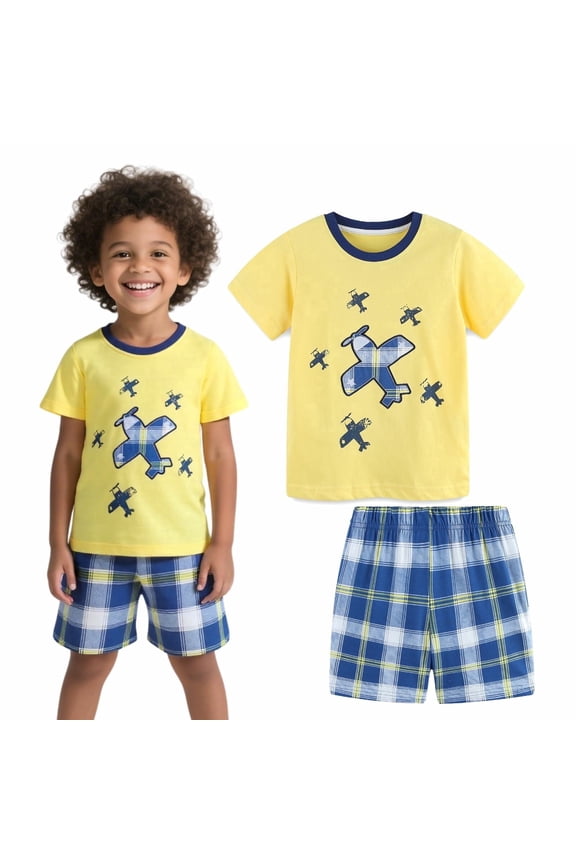 Toddler Boy Summer Short Sets Outfits Cotton CrewNeck Yellow Airplane Short Sleeve Playwear Sets 5T