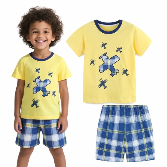 HILEELANG Toddler Boy Summer Short Sets Outfits Cotton CrewNeck Yellow Airplane Short Sleeve Playwear Sets 5T