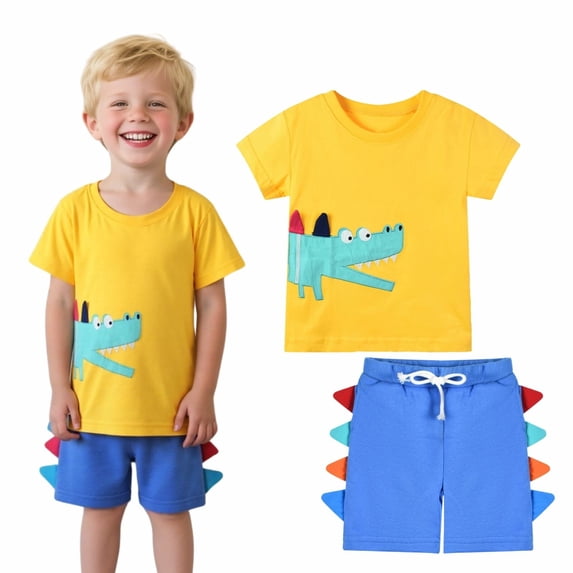 HILEELANG Toddler Boy Summer Short Sets Outfits Cotton CrewNeck Yellow Crocodile Short Sleeve Playwear Sets 3T