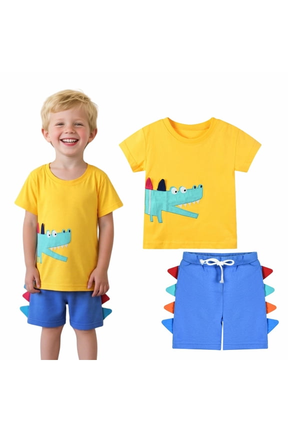 Toddler Boy Summer Short Sets Outfits Cotton CrewNeck Yellow Crocodile Short Sleeve Playwear Sets 4T