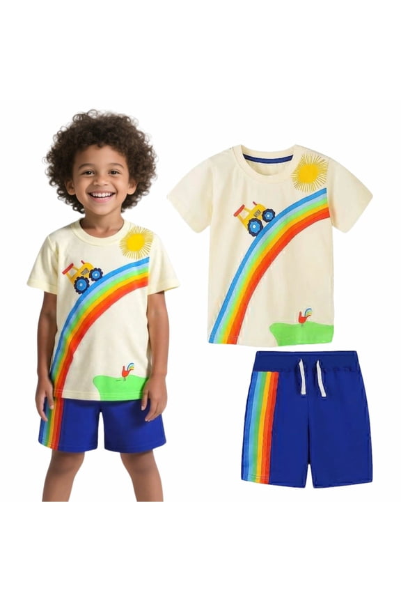 Toddler Boy Summer Short Sets Outfits Cotton CrewNeck Yellow Excavator Short Sleeve Playwear Sets 4T