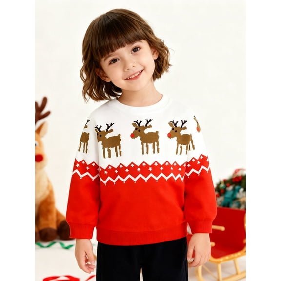 HILEELANG Toddler Boy（2-7Y) Sweatshirts Christmas Red Graphic Elk Pullover Cotton Crewneck Clothes 5T