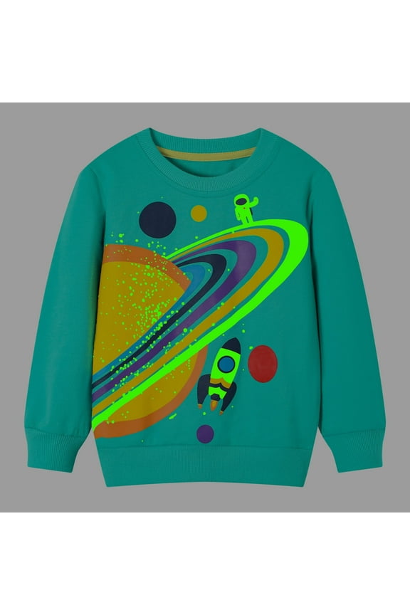 Toddler Boy Sweatshirts Halloween Green Planet Graphic Glow in the Dark Crewneck Long Sleeve Pullover Cotton Top Sweater Shirts 5T