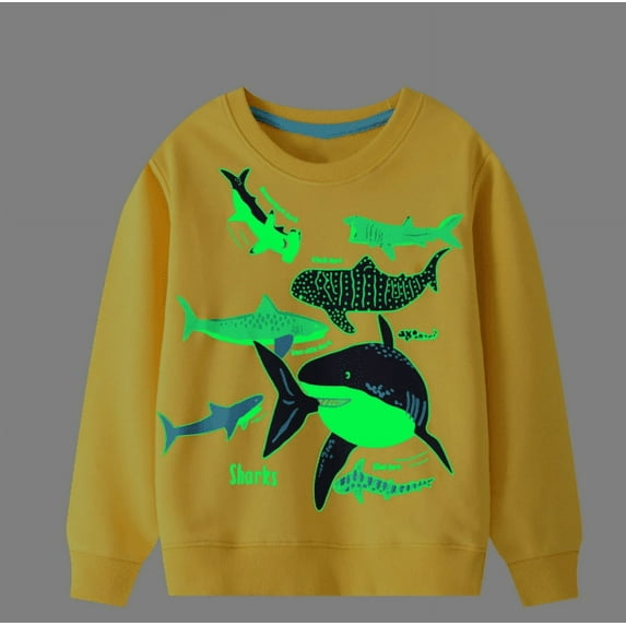 HILEELANG Toddler Boy Sweatshirts Luminous Glow At Night Yellow Fish Pullover Cotton Long Sleeve Top Clothes Shirts 2T