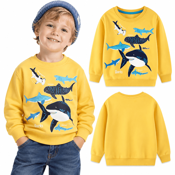 HILEELANG Toddler Boy Sweatshirts Luminous Glow At Night Yellow Fish Pullover Cotton Long Sleeve Top Clothes Shirts 5T