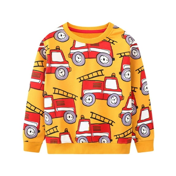HILEELANG Toddler Boy Sweatshirts Yellow Vehicles Printed Crewneck Long Sleeve Pullover Cotton Top Sweater Shirts 3T