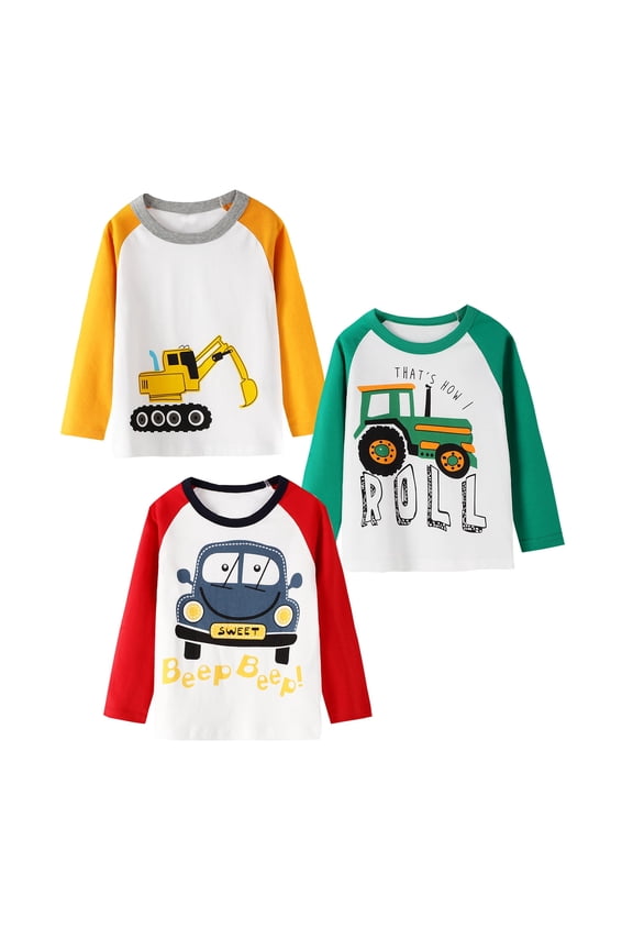 Toddler Boy Tee Raglan Long Sleeve Crewneck T Shirt Blue Red Yellow Cartton Car Winter Christmas Shirt 3 Pack Set 5T