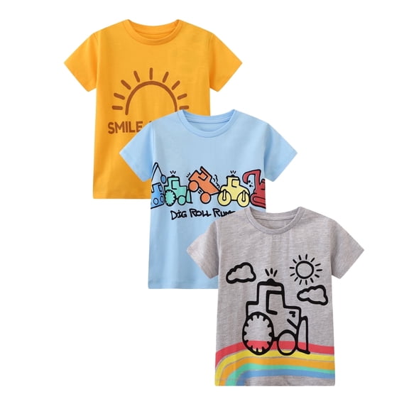 HILEELANG Toddler Boys T-Shirts 3 Pack, 100% Cotton Short Sleeve Tees for Kids 2-7T, Cute Cartoon Construction Vehicle & Sun Print Summer Tops for Little Boys 5Y