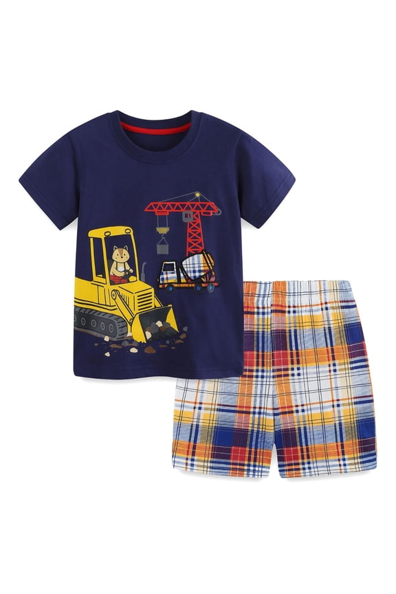 Toddler/Little Boys 2–7T Construction Truck 2-Piece Outfit, 100% Cotton Short Sleeve T-Shirt and Shorts Summer Set, Size 4T