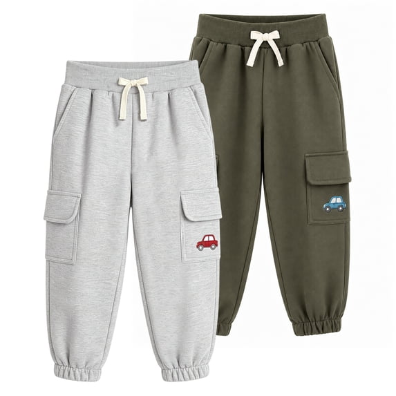 HILEELANG Boys 2-Pack 100% Cotton Cargo Jogger Sweatpants, Drawstring Pants with Pockets and Car Embroidery, Gray/Olive Green, Ages 4Y