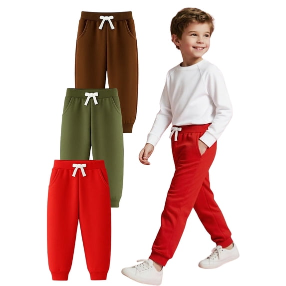 HILEELANG Toddler Boys Cotton Jogger Sweatpants 3 Pack, Red Brown Green Soft Elastic Waist Playwear Sport Pants with Pockets, Sizes 3Y