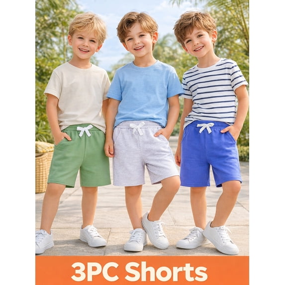 HILEELANG Toddler Boys' Cotton Shorts 3-Pack with Pockets, Grey/Green/Blue, Size 4 Years