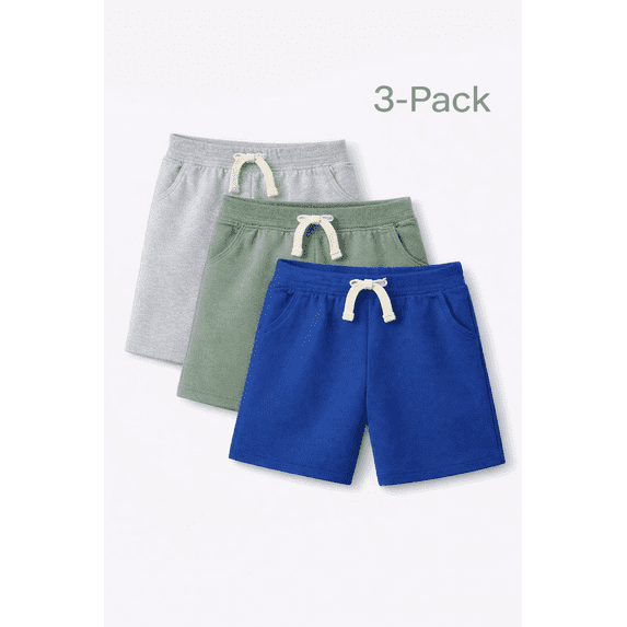 HILEELANG Toddler Boys' Cotton Shorts 3-Pack with Pockets, Grey/Green/Blue, Size 4 Years