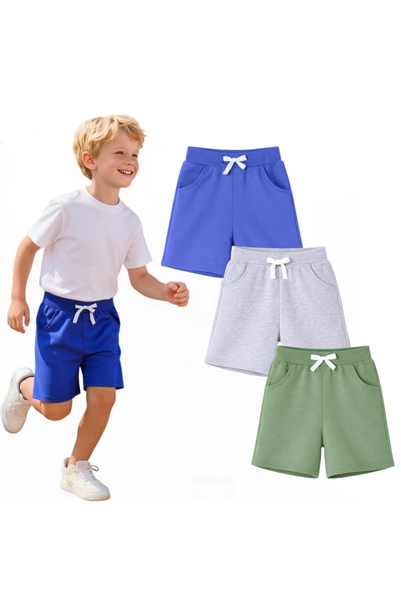 Toddler Boys' Cotton Shorts 3-Pack with Pockets, Grey/Green/Blue, Size 5 Years