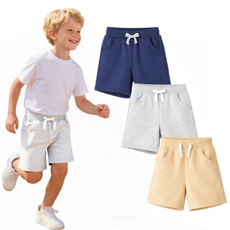 HILEELANG Toddler Boys' Cotton Shorts 3-Pack with Pockets, khaki/Grey/Navy, Size 4 Years