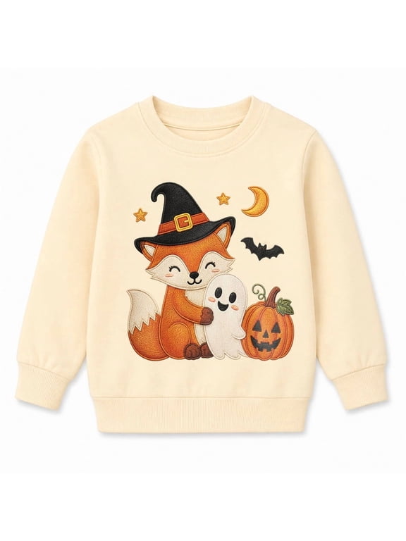 Toddler Boys Halloween Fox Sweatshirt, 100% Cotton Long Sleeve Crewneck Pullover with Ghost Pumpkin Graphic, 2T-7T, Cream
