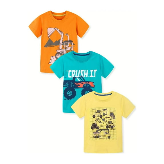 HILEELANG Toddler Boys Cotton Graphic Excavator Crew Neck T-Shirts, 3-Pack, 2T