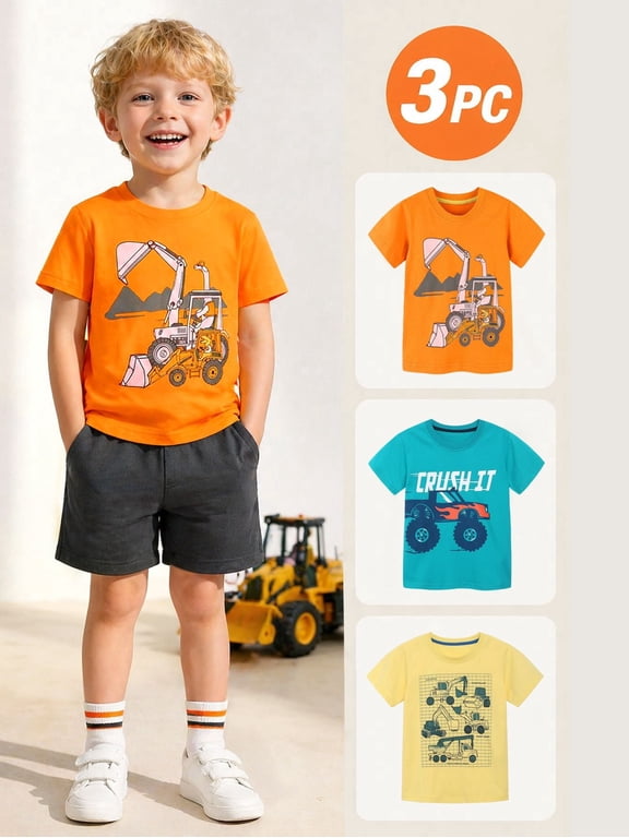 Toddler Boys T-Shirts 3 Pack, 100% Cotton Short Sleeve Tees for Kids 2-7T, Construction Vehicle & Monster Truck Print Summer Tops for Little Boys 3Y