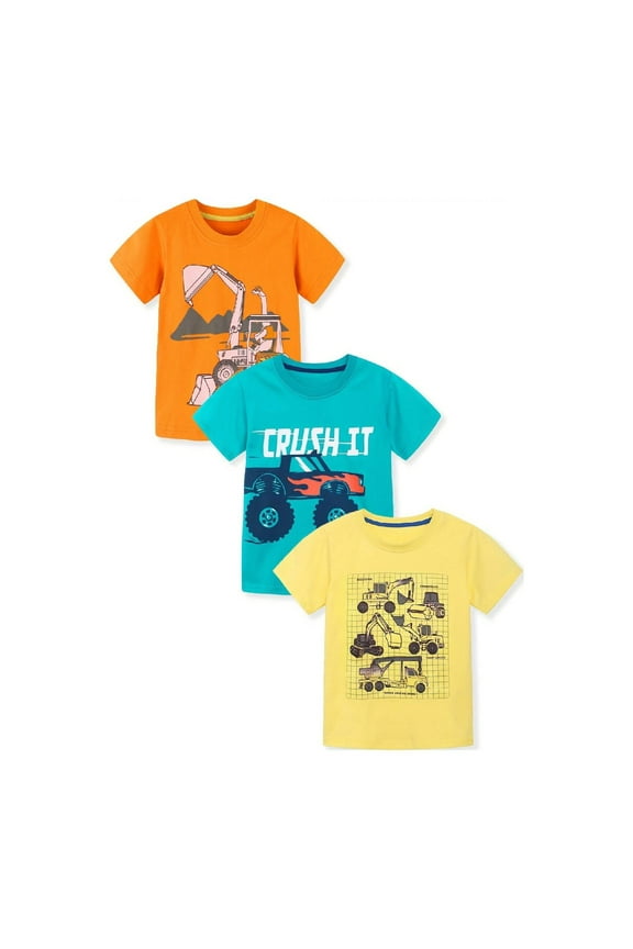 Toddler Boys Cotton Graphic Excavator Crew Neck T-Shirt Set, 3 Pack, Size 5T