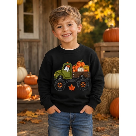 HILEELANG Toddler Boys Halloween Pumpkin Truck Graphic Sweatshirt, Long Sleeve Crewneck Pullover Top, Sizes 2-7 Years