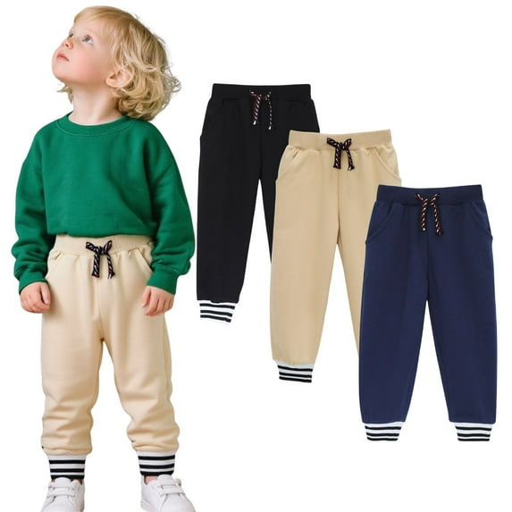 HILEELANG Toddler Boys Jogger Sweatpants 3-Pack, 100% Cotton French Terry Pants with Drawstring and Pockets,colors—black, Khaki, and navy, Sizes 4T