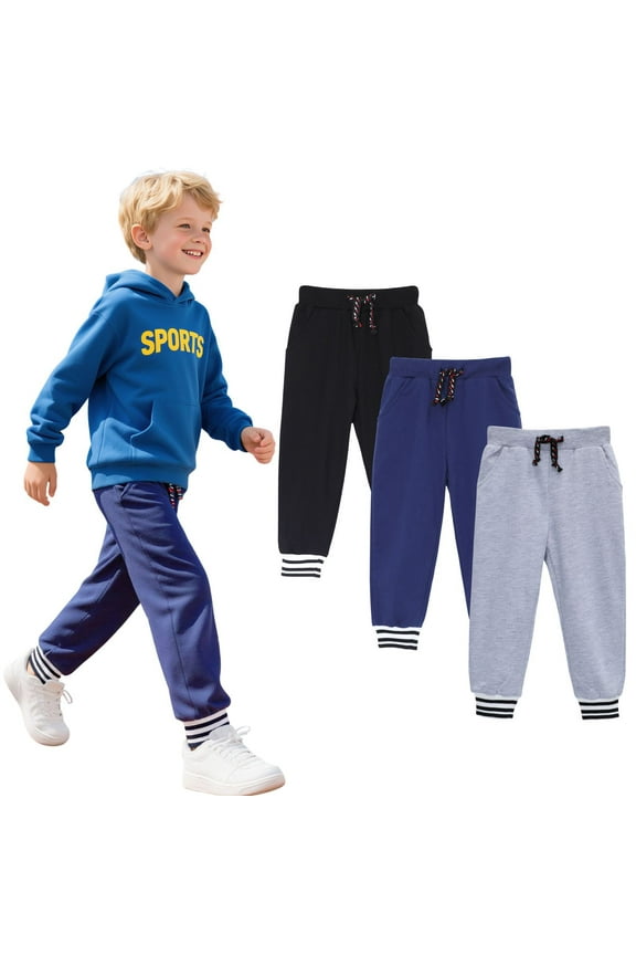Toddler Boys Jogger Sweatpants 3-Pack, 100% Cotton French Terry Pants with Drawstring and Pockets,colors—black, gray, and navy, Sizes 3T