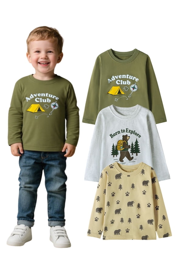 Toddler Boys（18M-7Y) Shirt 3-Pack Bear Graphic Long-Sleeve Tees Winter Cotton Casual Crewneck T-Shirts Sets 5T
