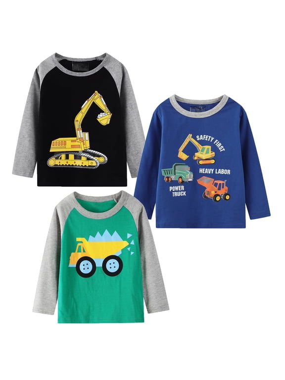 Kids Clothes - Crewneck Long Sleeve T-Shirts 3-Pack, Excavator Graphic, Cotton Jersey Sets - Blue, Green