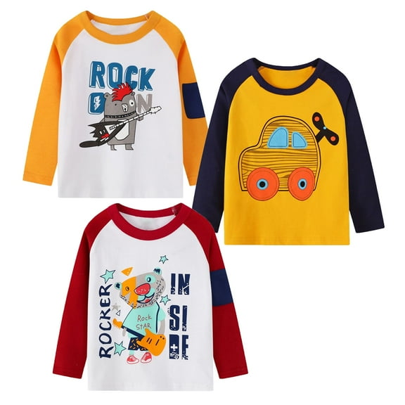 HILEELANG Toddler Boys Long-Sleeve T-Shirts Raglan Pocket Crewneck Cotton Cartoon Christmas Active Tops Tees 3 Pack 4T
