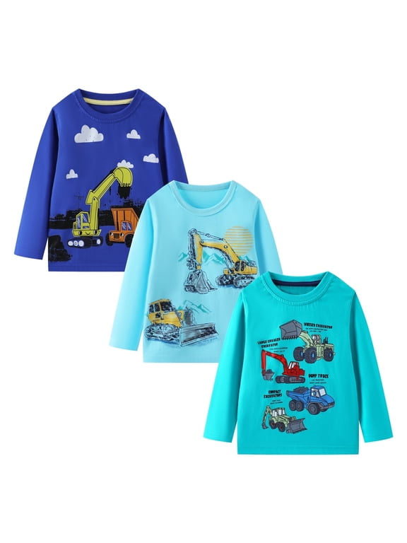 Toddler Boys' Long Sleeve Tee Shirts Cotton Crewneck Blue Excavator Graphic Tops T-Shirts 3 Packs 5T