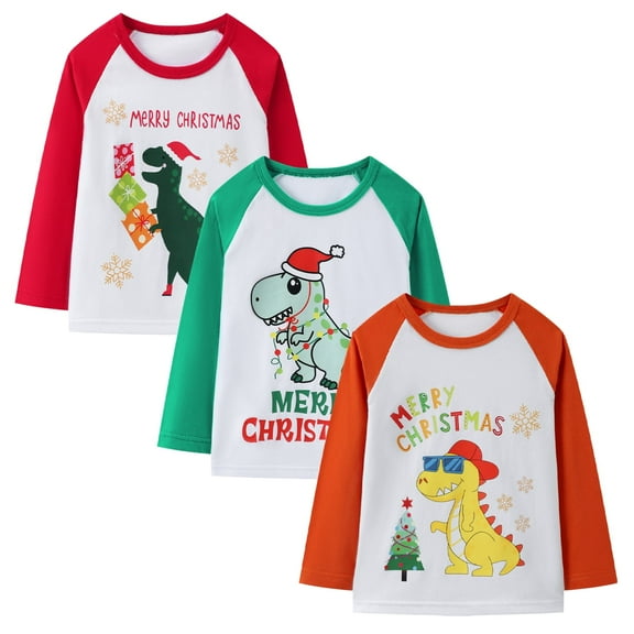 HILEELANG Toddler Boys' Long Sleeve Tee Shirts Cotton Crewneck Red Green Christmas Dinosaur Graphic Tops T-Shirts 3 Packs 2T