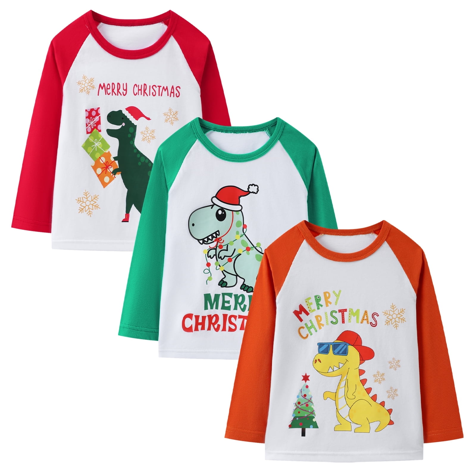 Walmart discount codes: HILEELANG Toddler Boys' Long Sleeve Tee Shirts Cotton Crewneck Red Green Christmas Dinosaur Graphic Tops T-Shirts 3 Packs 3T