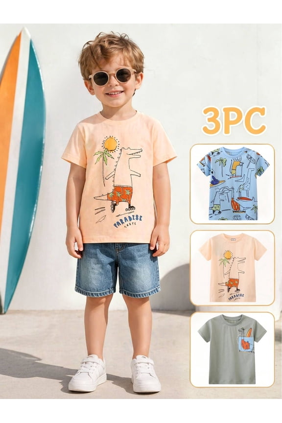 Toddler Boys T-Shirts 3 Pack, 100% Cotton Short Sleeve Tees for Kids 2-7T, Cute Summer Beach Dinosaur/Crocodile Print Casual Tops for Little Boys 3Y