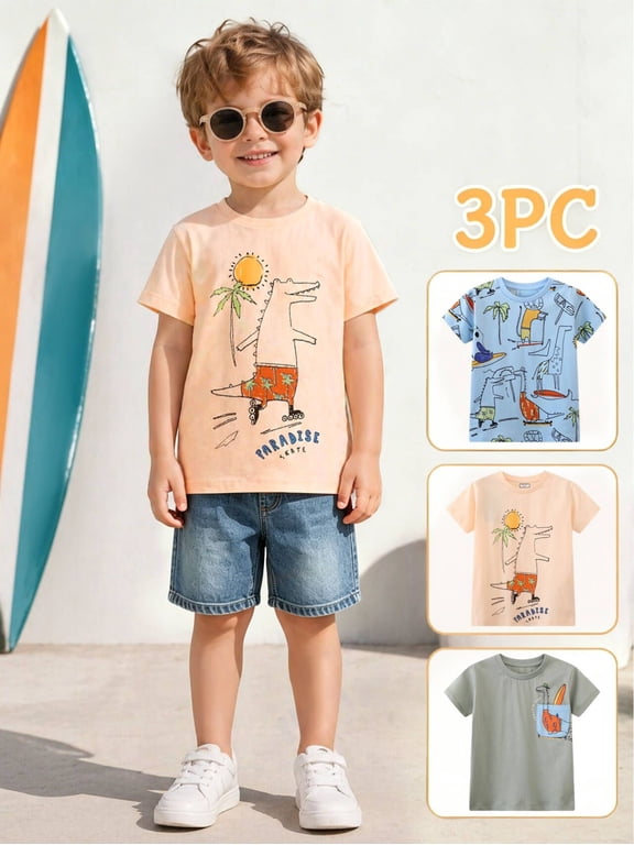 Toddler Boys T-Shirts 3 Pack, 100% Cotton Short Sleeve Tees for Kids 2-7T, Cute Summer Beach Dinosaur/Crocodile Print Casual Tops for Little Boys 5Y