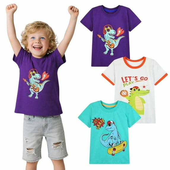 HILEELANG Toddler Boys' Short Sleeve Tees Cotton Casual Dinosaur Graphic Crewneck Summer Top T-Shirts Green White 3 Packs Sets 2T