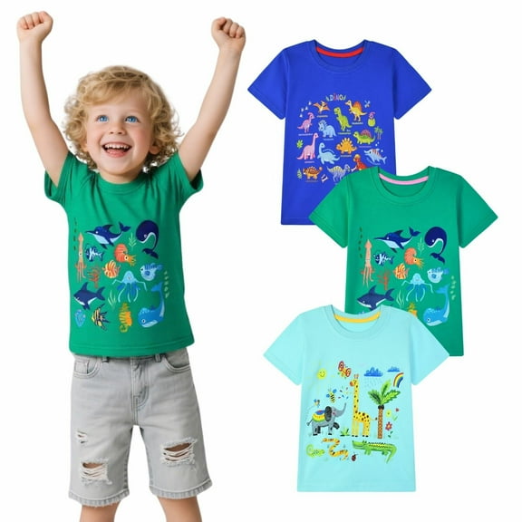 HILEELANG Toddler Boys' Short Sleeve Tees Cotton Casual Shark Snake Graphic Crewneck Summer Top T-Shirts Green Blue 3 Packs Sets 3T