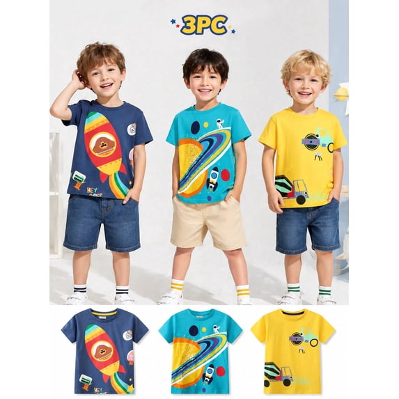 HILEELANG Toddler Boys T-Shirts 3 Pack, 100% Cotton Short Sleeve Tees for Kids 2-7T, Cute Space & Construction Vehicle Print Summer Tops for Little Boys