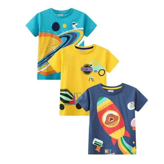 HILEELANG Toddler Boys' Short Sleeve Tees Cotton Casual Shark Spaceship Graphic Crewneck Summer Top T-Shirts Yellow Blue 3 Packs Sets 3T