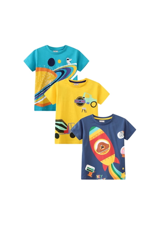 Toddler Boys T-Shirts 3 Pack, 100% Cotton Short Sleeve Tees for Kids 2-7T, Cute Space & Construction Vehicle Print Summer Tops for Little Boys 4Y