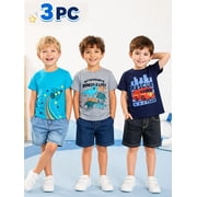 HILEELANG 2-7T Toddler Little Boys 3-Pack T-Shirts Dinosaur Fire Truck Space Rocket Graphic 100% Cotton Short Sleeve Summer Tees Blue Gray Teal 2T 3T 4T 5T 6T 7T