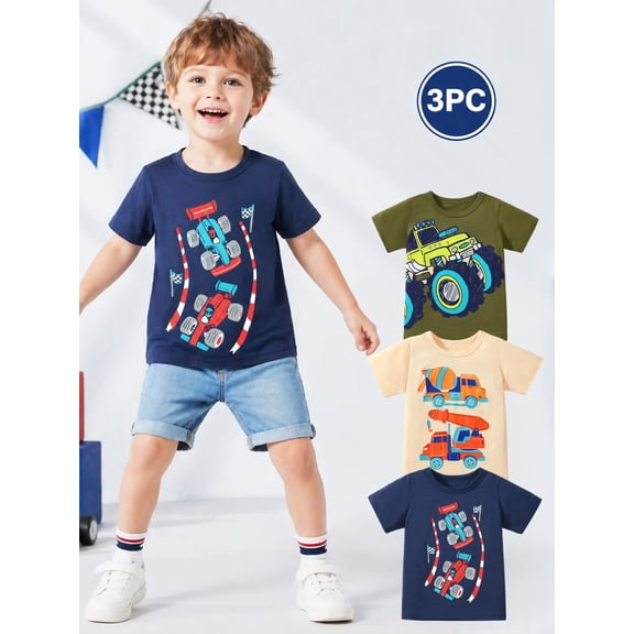 HILEELANG 2-7T Toddler Little Boys 3-Pack T-Shirts Truck Car Construction Vehicle Graphic 100% Cotton Short Sleeve Summer Tees Blue Green Yellow 2T 3T 4T 5T 6T 7T
