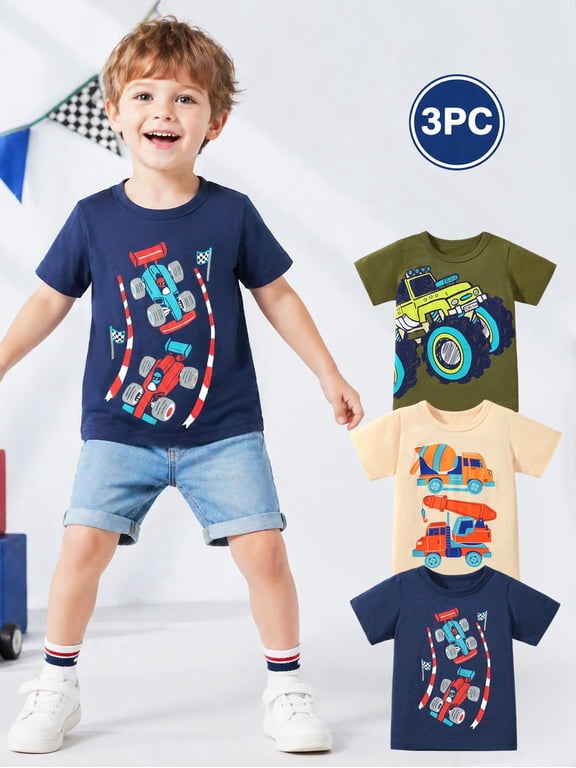 2-7T Toddler Little Boys 3-Pack T-Shirts Truck Car Construction Vehicle Graphic 100% Cotton Short Sleeve Summer Tees Blue Green Yellow 2T 3T 4T 5T 6T 7T