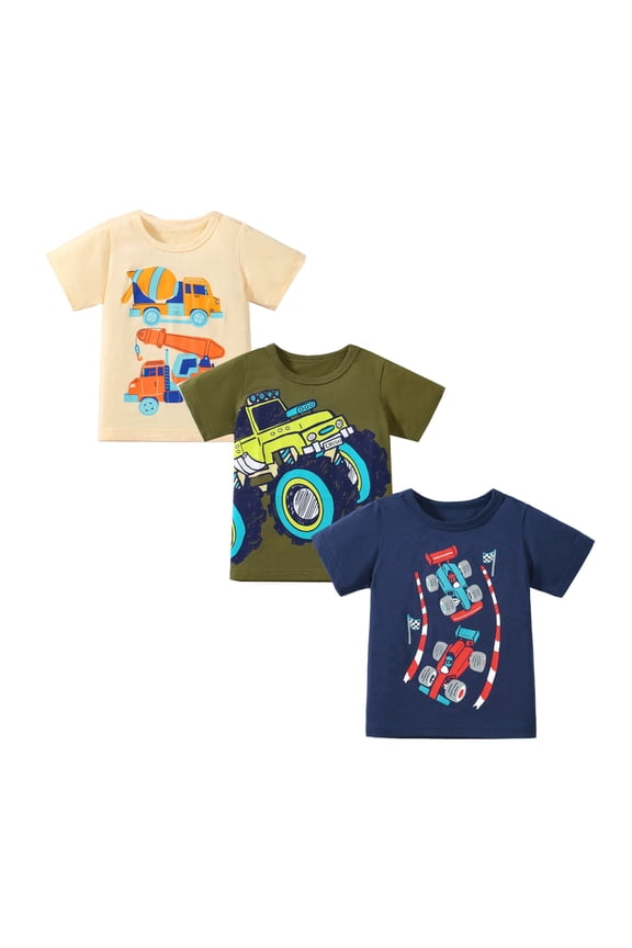 Toddler Boys' Cotton Crewneck Short Sleeve T-Shirts, Excavator Truck Design, Blue/Green, 3-Pack, Size 4T