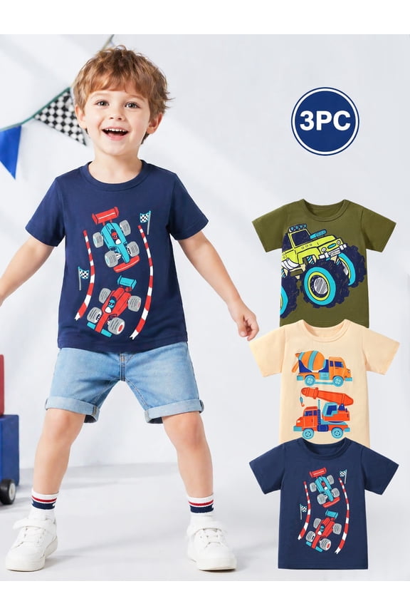 2-7T Toddler Little Boys 3-Pack T-Shirts Truck Car Construction Vehicle Graphic 100% Cotton Short Sleeve Summer Tees Blue Green Yellow 2T 3T 4T 5T 6T 7T