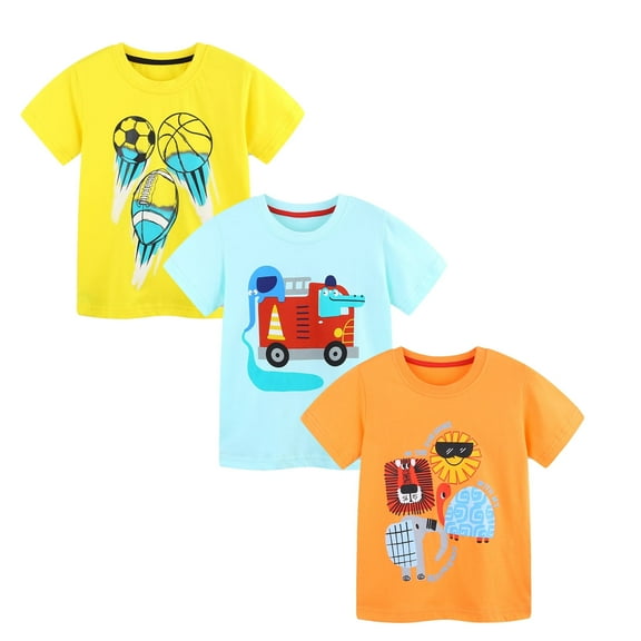 HILEELANG Toddler Boys' Short Sleeve Tees Cotton Casual Football Animals Crewneck Summer Top T-Shirts Blue Yellow 3 Packs Sets 3T
