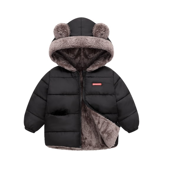 HILEELANG Toddler Boys and Girls Winter Puffer Jacket, Plush Fleece Lined Bear Ear Hooded Coat, Warm Full-Zip Outerwear, Black,Sizes 2-7 Years