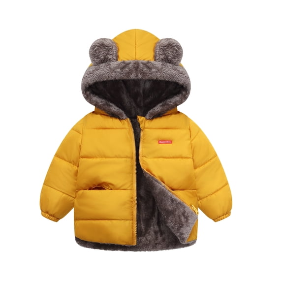 HILEELANG Toddler Boys and Girls Winter Puffer Jacket, Plush Fleece Lined Bear Ear Hooded Coat, Warm Full-Zip Outerwear, Yellow,Sizes 2-7 Years