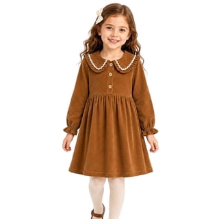HILEELANG Toddler Girls 100% Cotton Long Sleeve Dress, Ruffle Peter Pan Collar Button Front Gathered Casual Dress, Brown, 5Y