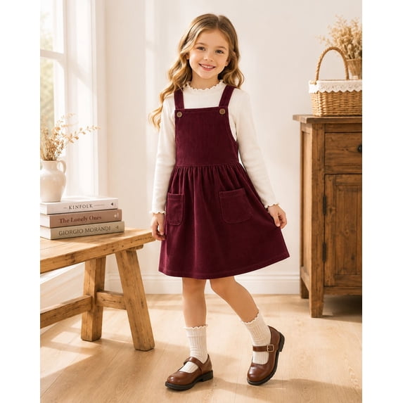 HILEELANG Girls 2-Piece Corduroy Jumper Dress Set with Long Sleeve Top, Burgundy