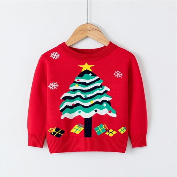 HILEELANG Toddler Boy Girl Sweater Christmas Knit Pullover Crewneck Red Christmas Tree Sweatshirts Holiday Sweater 2-3T